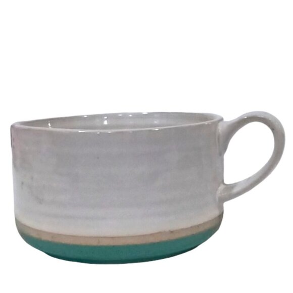 Two PC Brand Large Soup Bowls / Mugs with Handles White with Green Base - Picture 4 of 6
